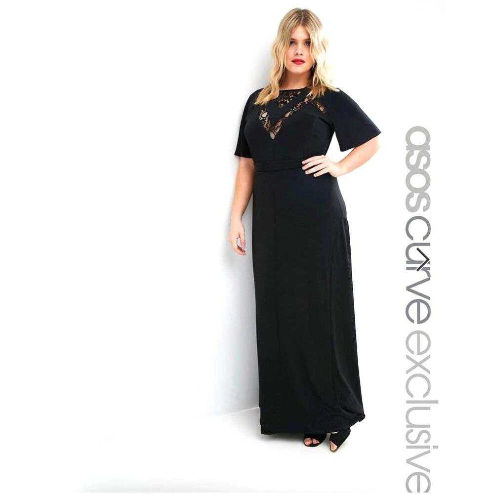 NWT ASOS CURVE Size 16 Maxi Dress V Neck Lace Flutter Sleeve Black - Picture 12 of 12